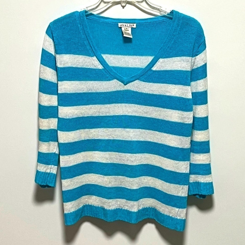 Avalin Preppy teal blue white striped linen quarter sleeve retro style fun top